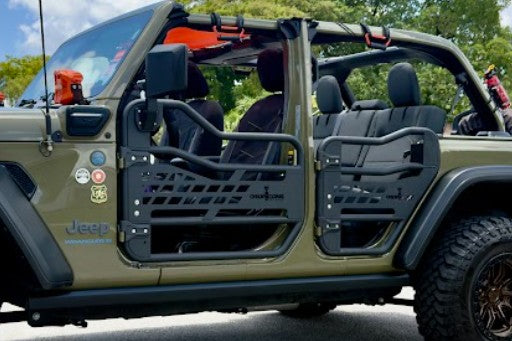 Mesh tube doors with rear-view mirrors installed on a Jeep Wrangler
